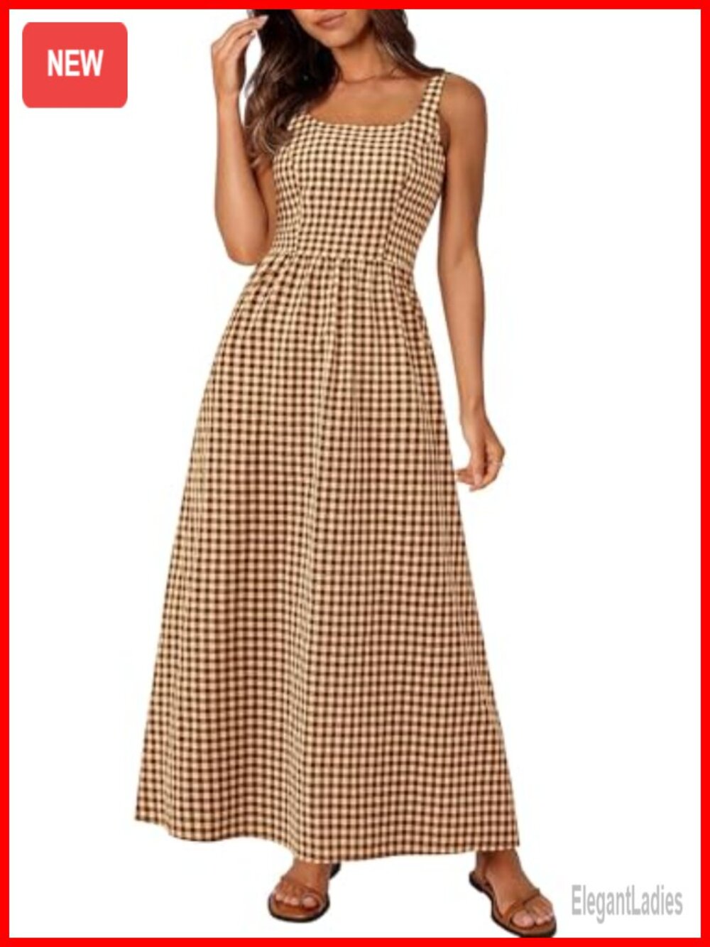 Women's Gingham Square Neck Smocked Maxi Dress with Pockets